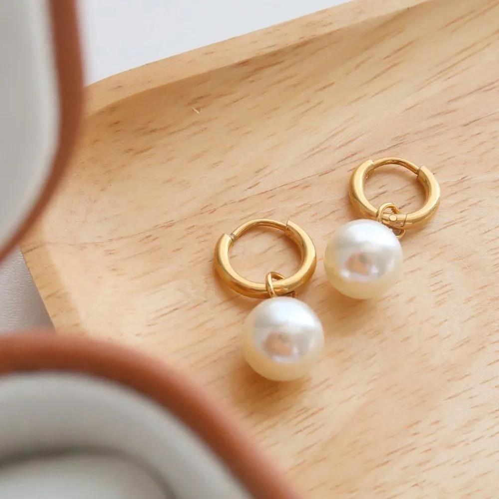 NEW 18K Gold Plated Round Pearl Drop Huggie Round Hoop Earrings - Picture 7 of 9